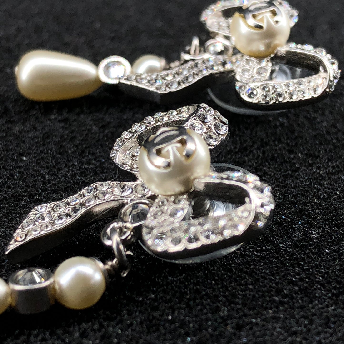 Chanel 2021 Silver-Tone Crystal & Pearl Bow Drop Earrings