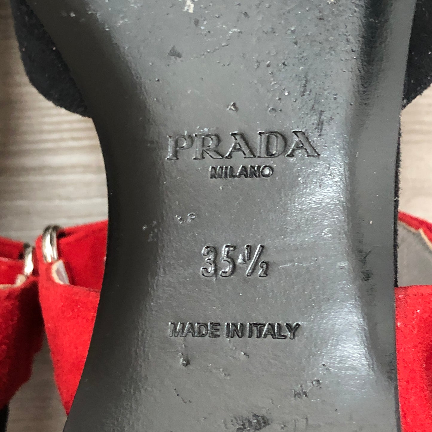 Prada Women's Two-Tone Cutout Patent Leather Ankle Strap Heels 35.5 Black Silver Red Pink