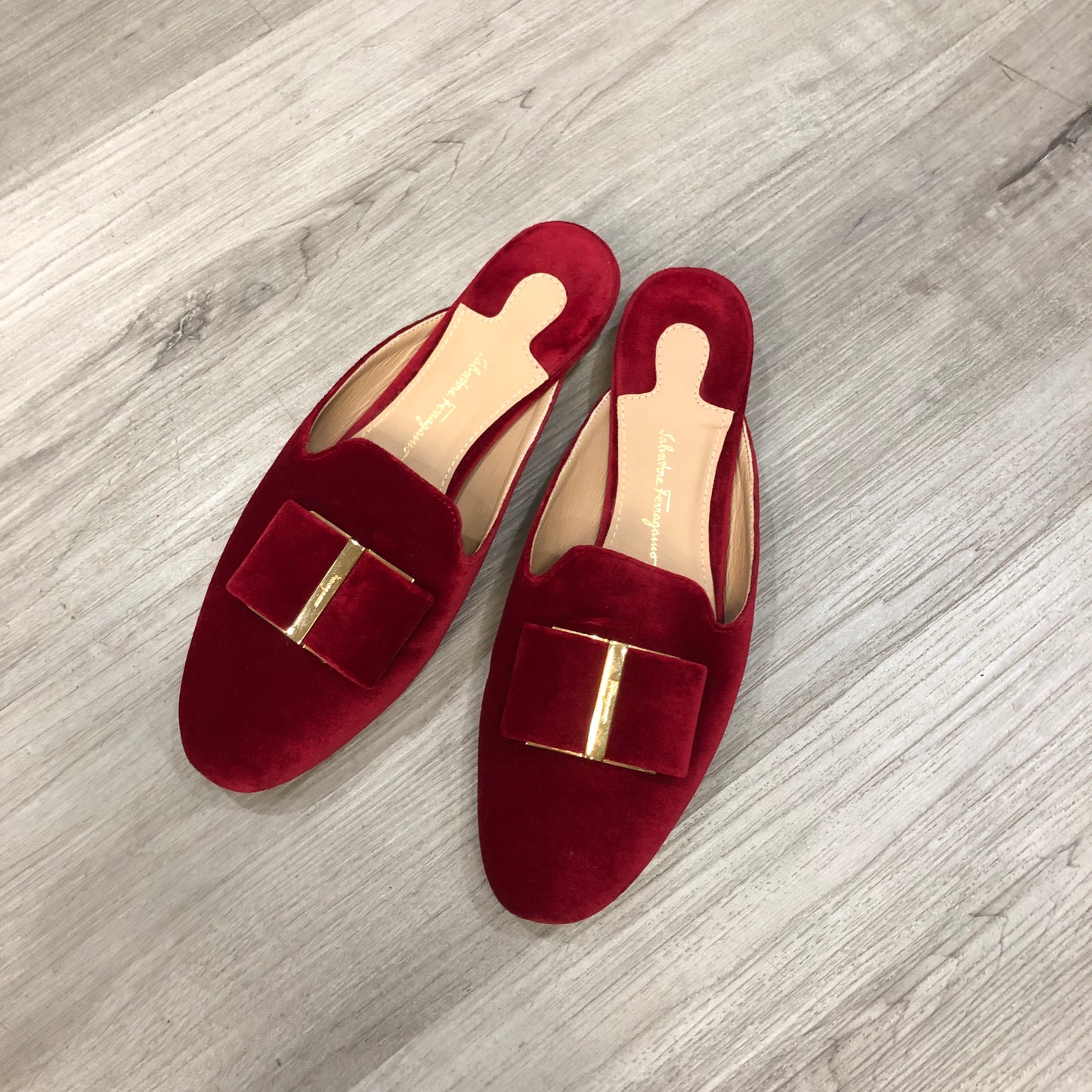 Salvatore Ferragamo Vara Velvet Mule Slides Size 5.5B Red