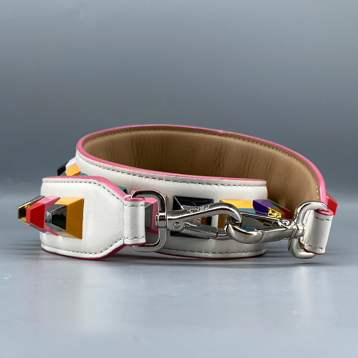 FENDI White Leather and Multicolor Plexiglas Studs Strap You Shoulder Strap