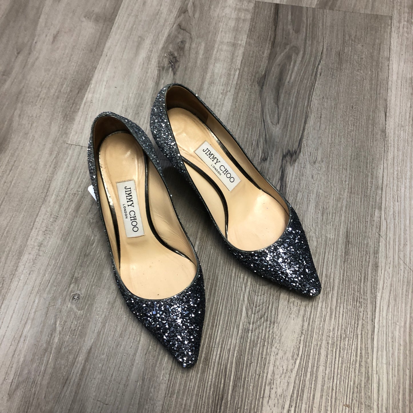 Jimmy Choo Women's Metallic Silver Glitter Pointed Toe Stiletto Pumps Shoes 35.5