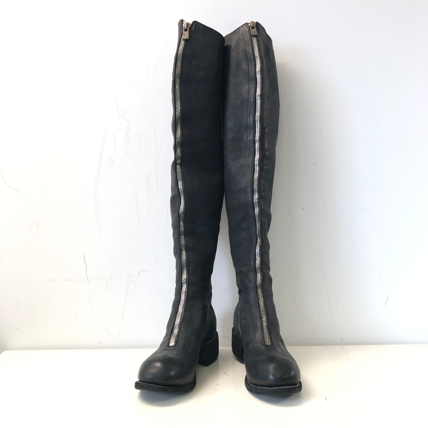 Guidi Black Horse Leather Over-the-Knee Front-Zip Boots Size 37.5