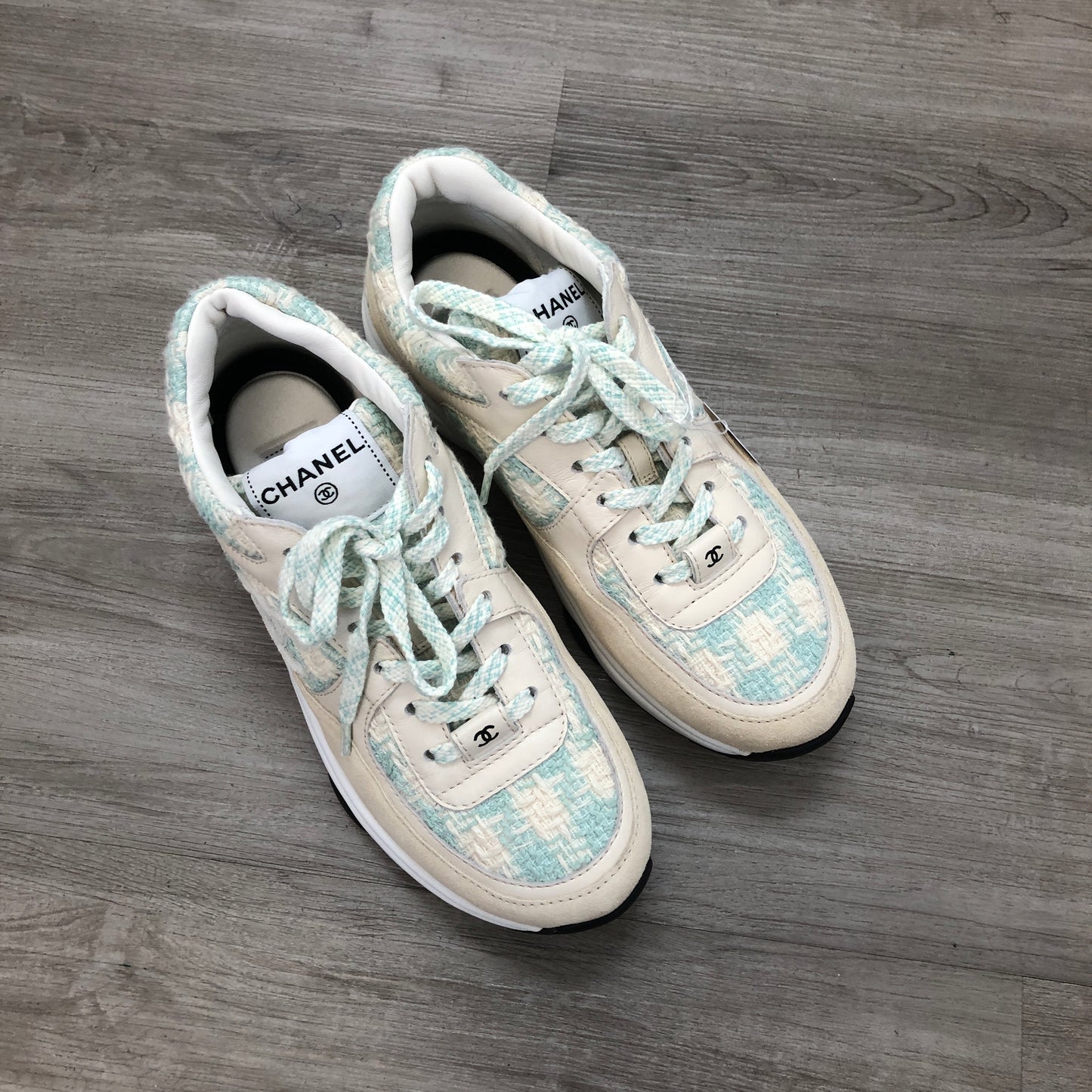 Chanel Women's Quilted Tweed CC Logo Low Top Sneakers 36.5 White Light Blue Two-Tone