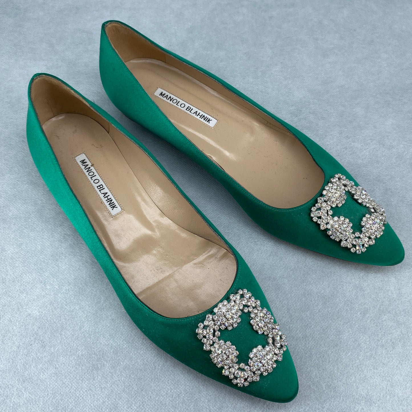 Manolo Blahnik Women's Green Satin Crystal Flat Shoes Size 41