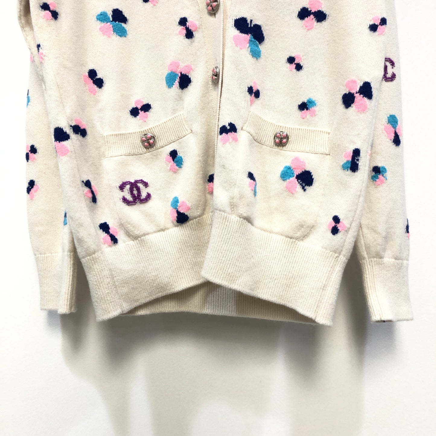 Chanel White Cashmere V-Neck Cardigan Multicolor Polka Dot Print Size 34