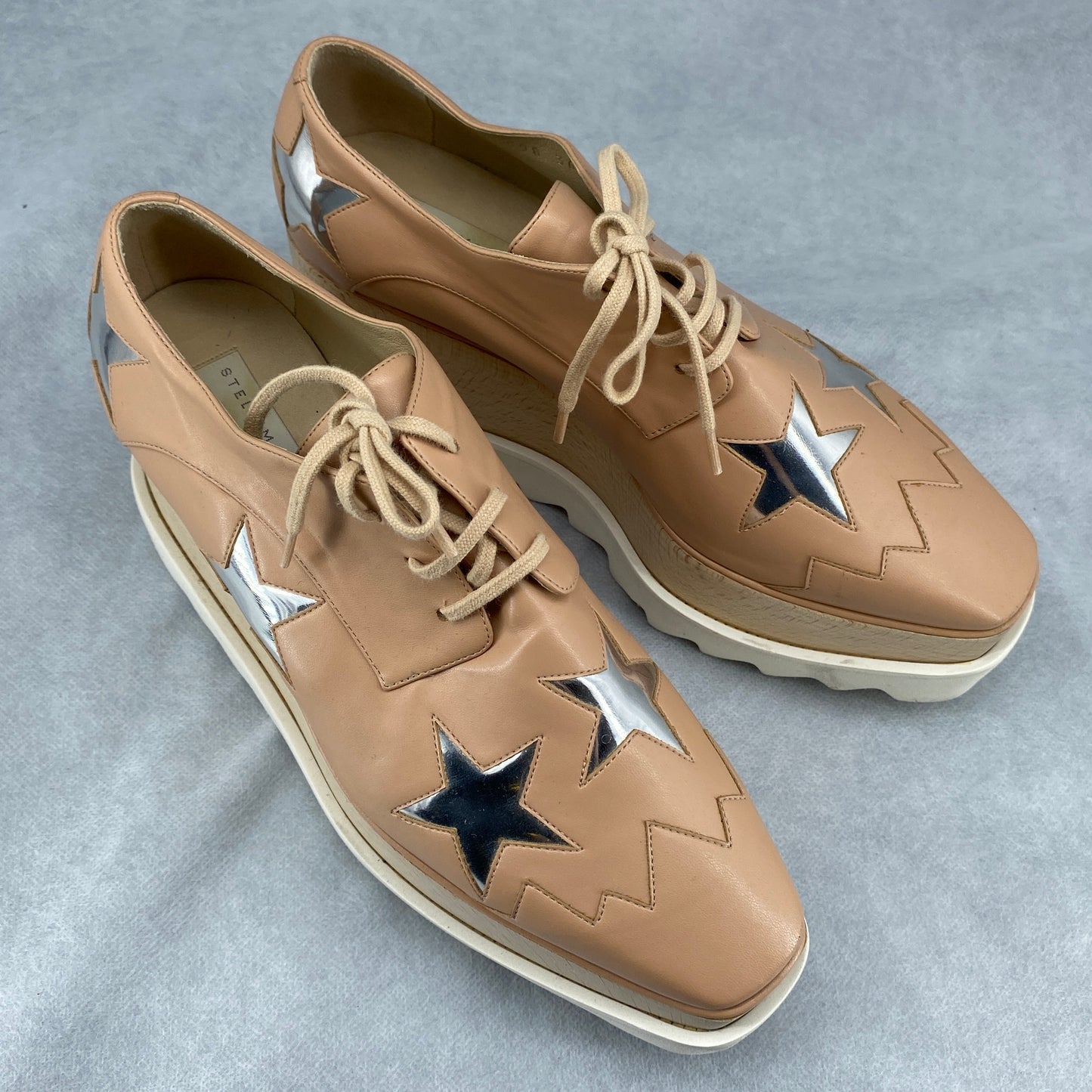 Stella McCartney Women's Nude Faux Leather Star Patch Lace-Up Platform Brogues Size 36.5