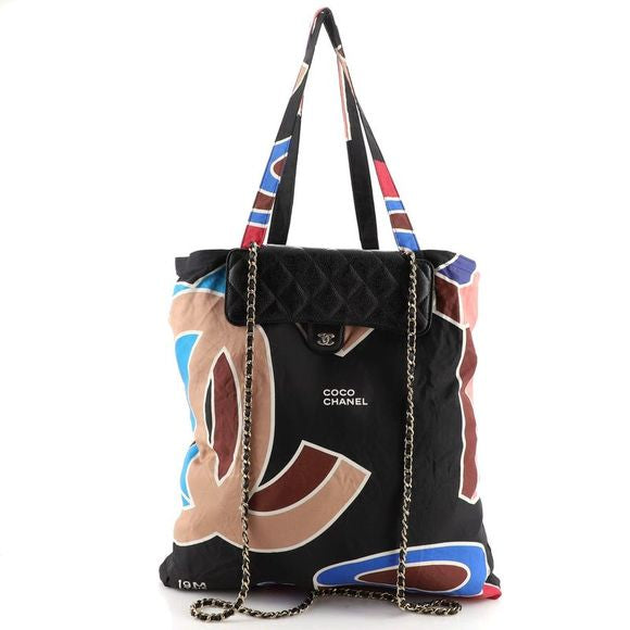 Chanel Foldable Tote Bag with Chain Quilted Caviar and Printed Nylon.