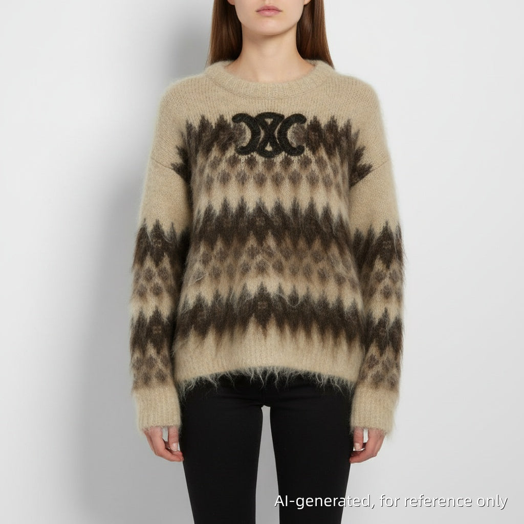 Celine Jacquard Knit Sweater Size L Brown