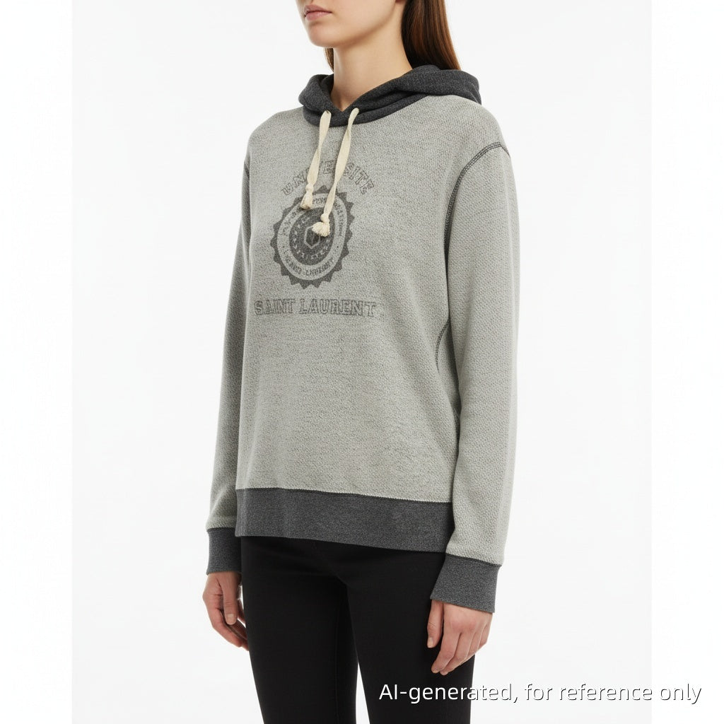 Saint Laurent Grey Contrast Hood Logo Print Hoodie Size L
