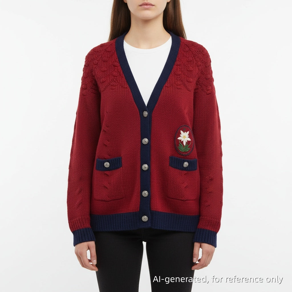 Chanel Red Cable Knit Cardigan with Navy Trim Size 44