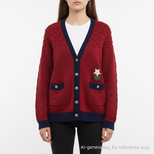 Chanel Red Cable Knit Cardigan with Navy Trim Size 44