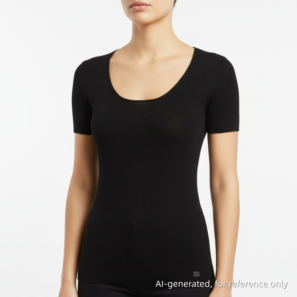 Chanel Black Ribbed Knit Short Sleeve Top Size 34