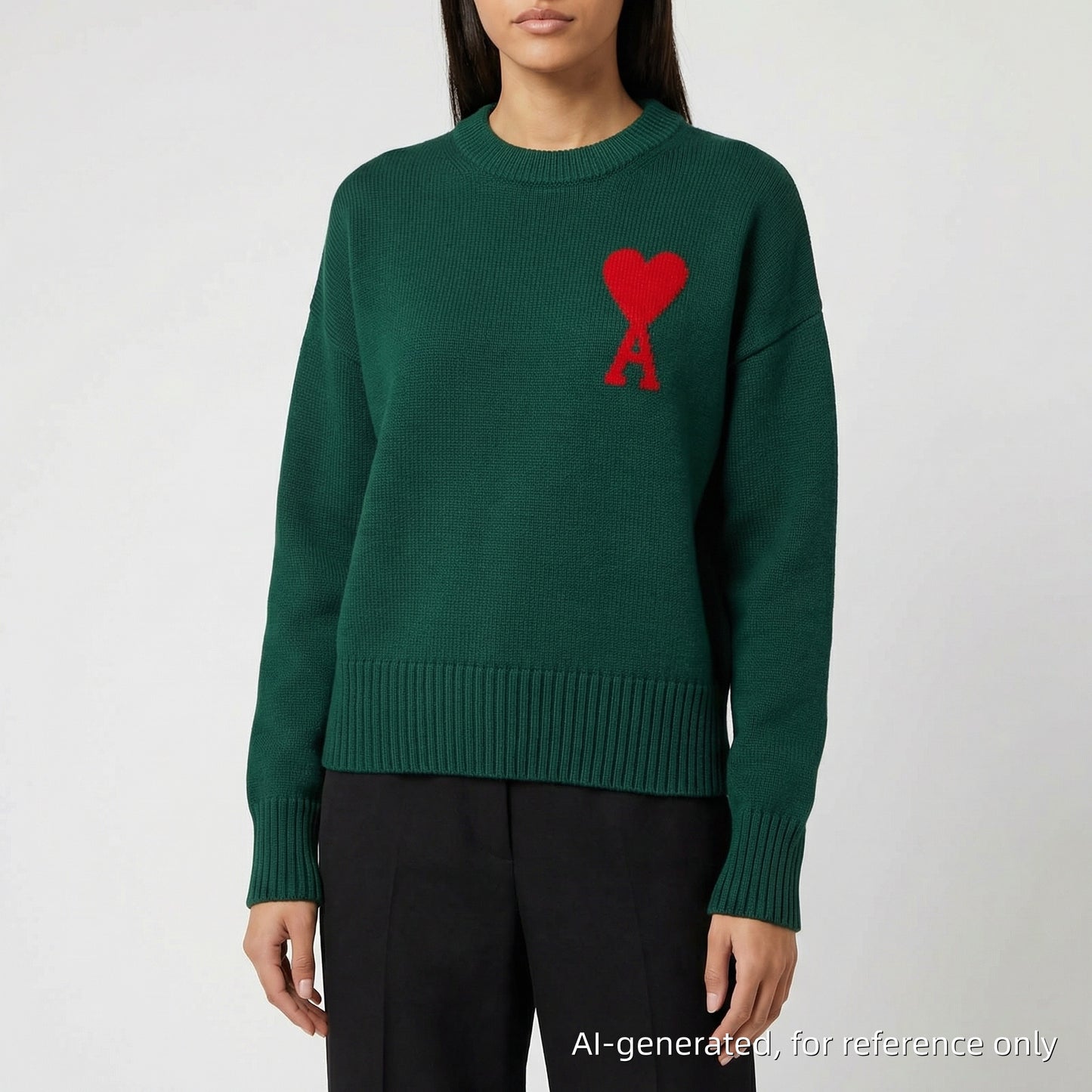 Ami Paris Dark Green Red Heart Logo Knit Sweater Size S