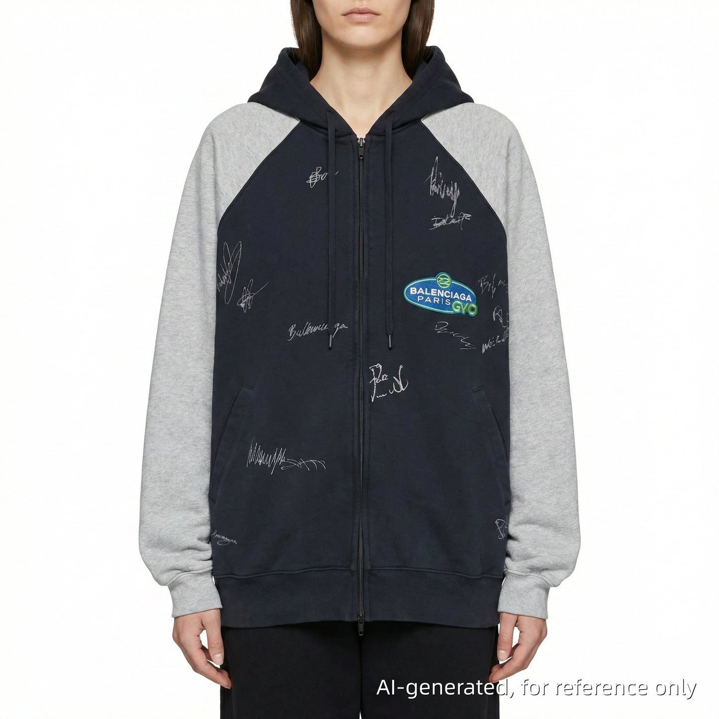 Balenciaga Unisex Distressed Raglan Zip-Up Hoodie Size XL Grey/Black