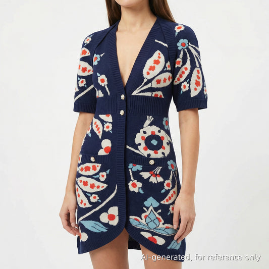 Chanel Navy Blue Floral Print Shirt Dress Size 36