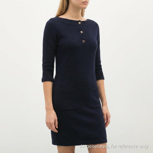 Chanel Navy Blue Knit Sheath Dress Size 34