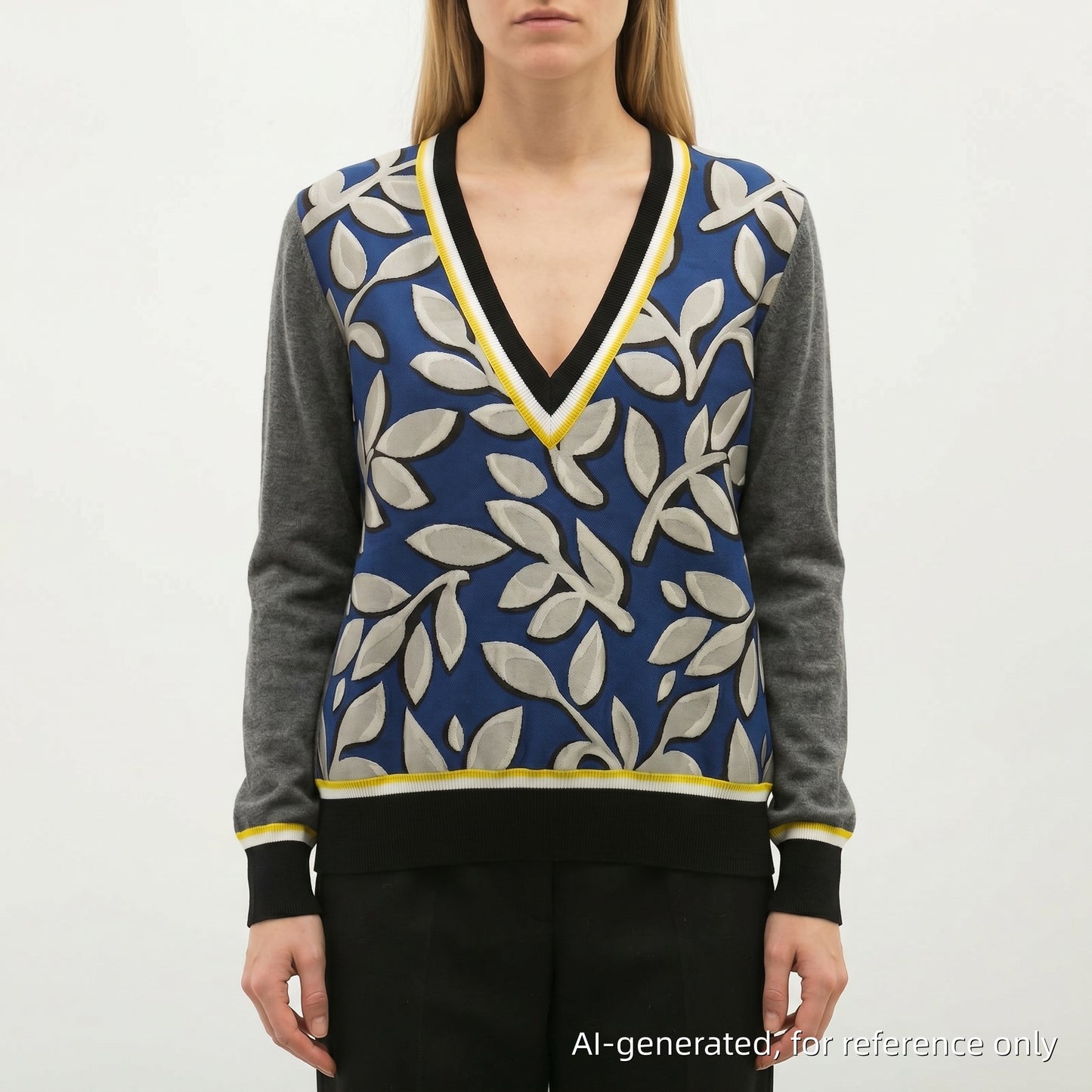 Marni Leaf Pattern V-Neck Knit Sweater Size 38 Grey/Blue/Yellow/White