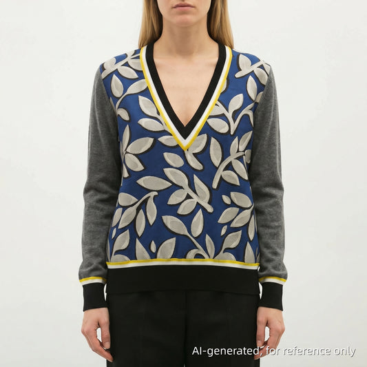 Marni Leaf Pattern V-Neck Knit Sweater Size 38 Grey/Blue/Yellow/White