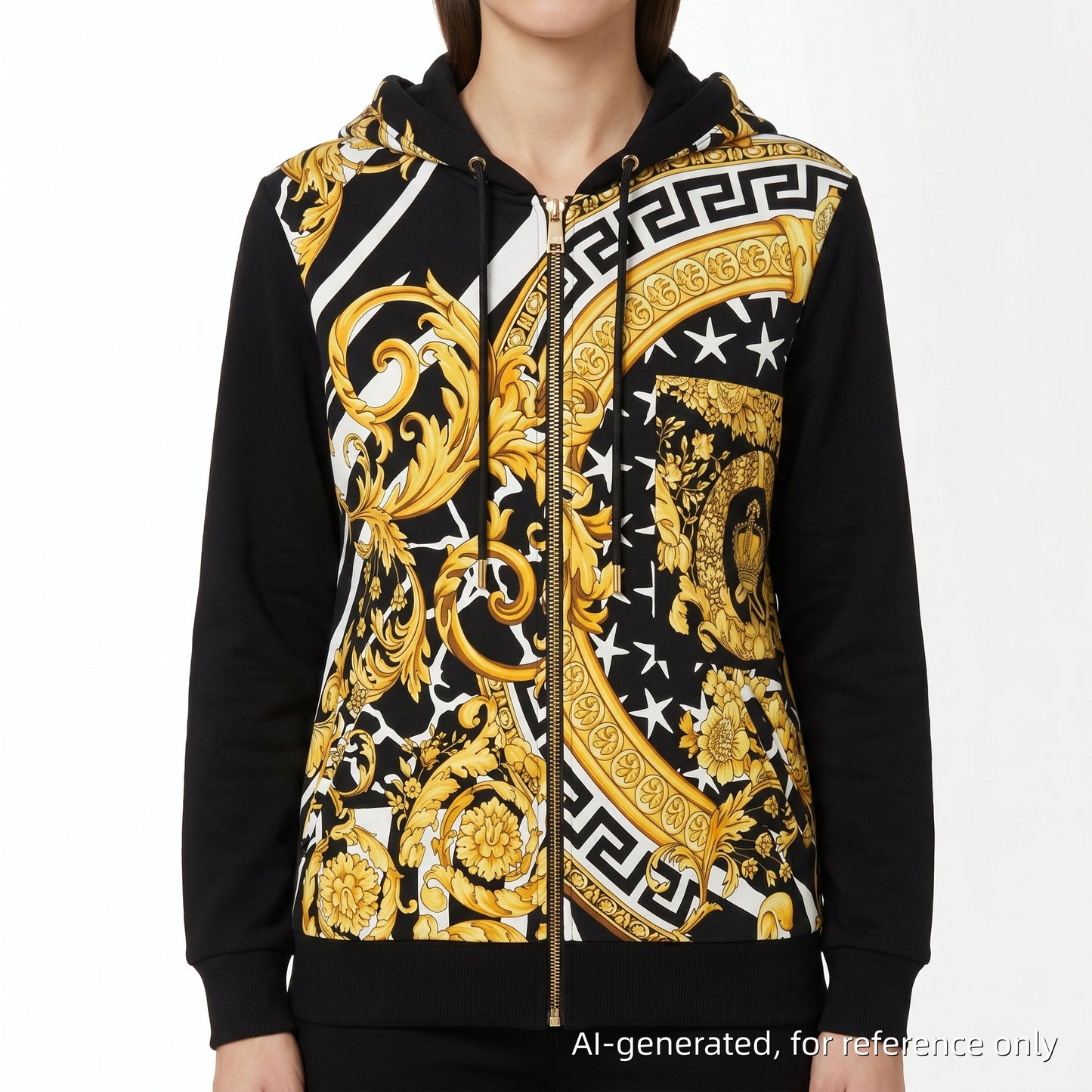 Versace Black Baroque Print Zip-Up Hoodie Size 40