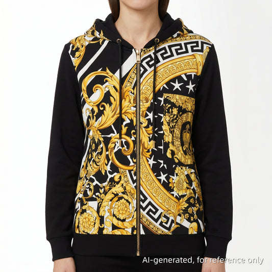 Versace Black Baroque Print Zip-Up Hoodie Size 40