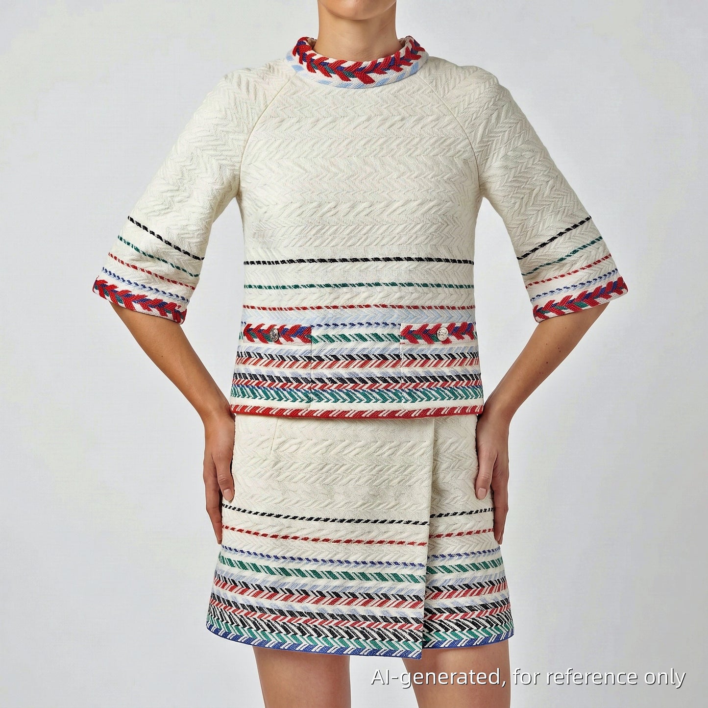 Chanel White Multicolor Trim Tweed Two-Piece Set (Top & Skirt) Size 38