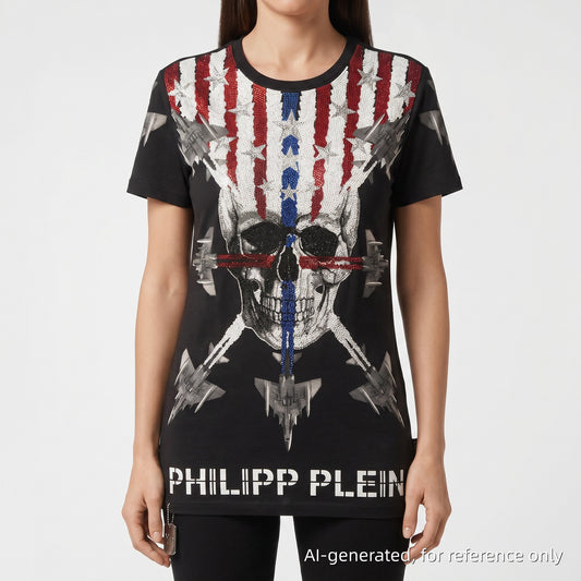 Philipp Plein American Flag Skull Graphic T-Shirt Size S