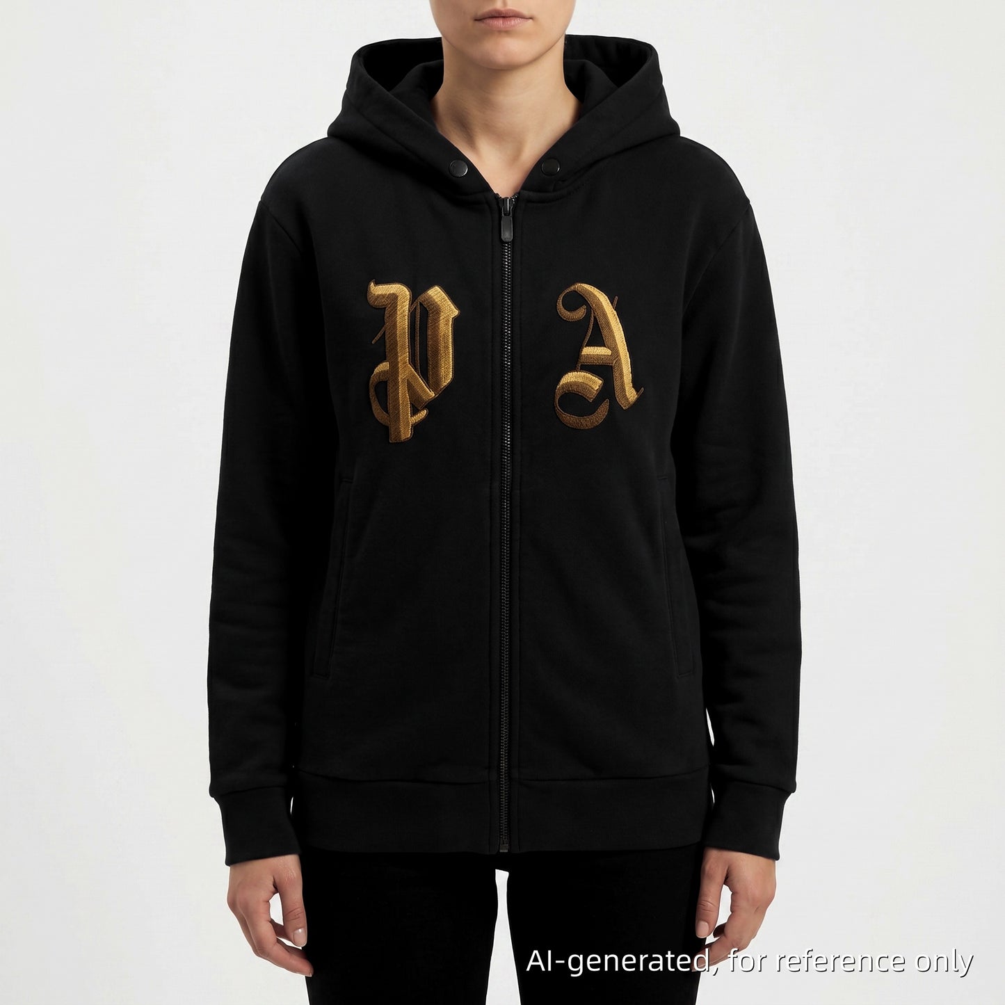 Palm Angels Black Gold Embroidered Full Zip Hoodie Size S