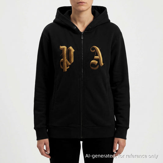 Palm Angels Black Gold Embroidered Full Zip Hoodie Size S