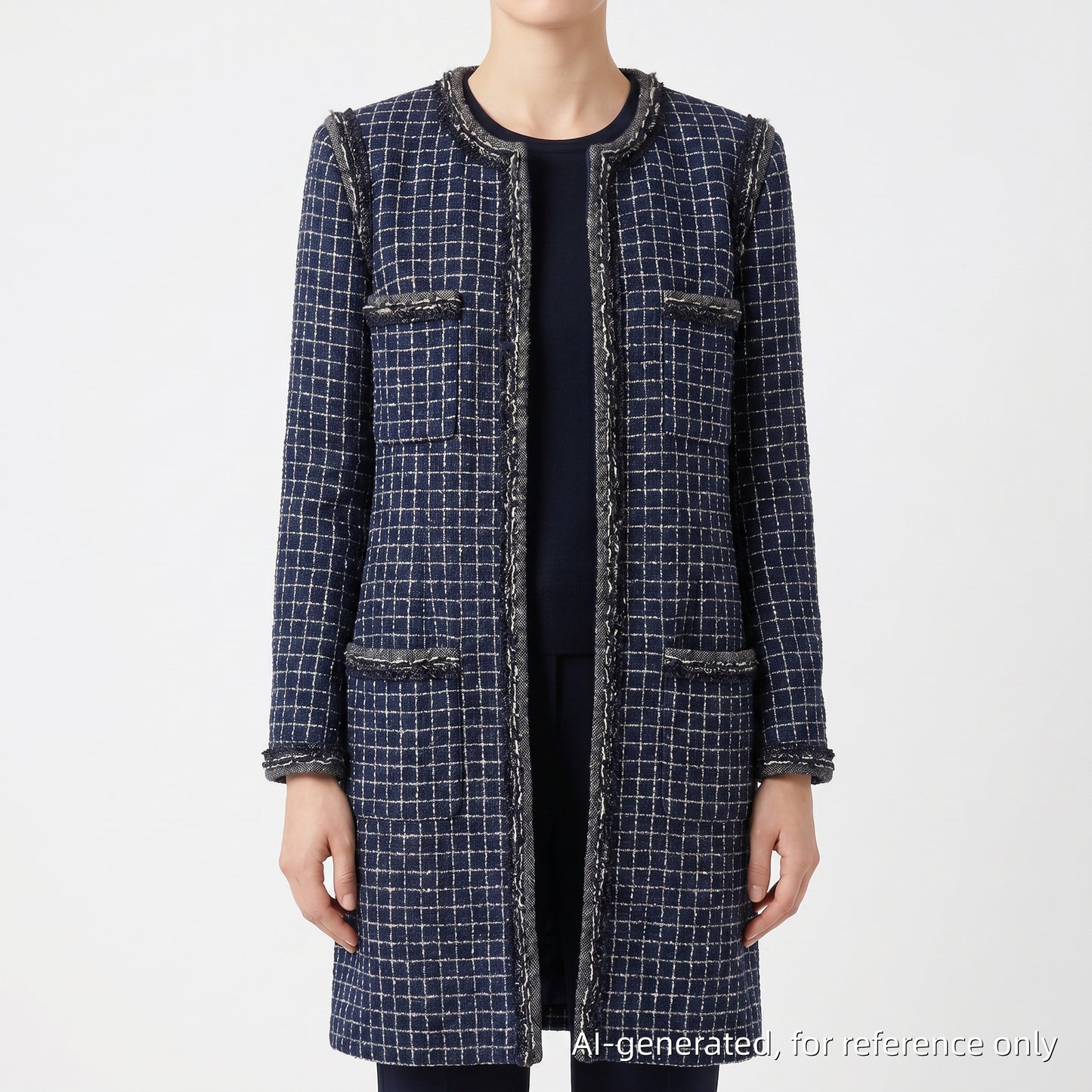 Chanel Tweed Coat Size 42 Navy Blue/White/Black/Grey/Silver