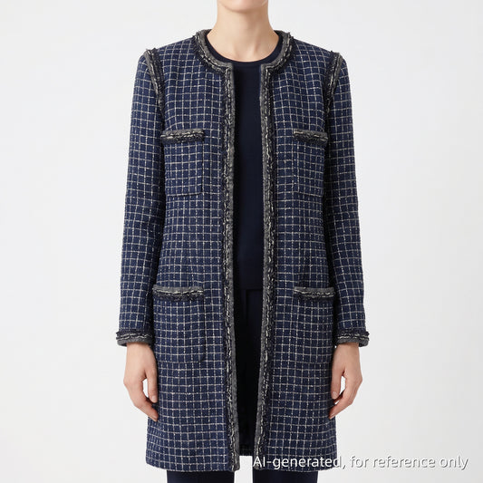 Chanel Tweed Coat Size 42 Navy Blue/White/Black/Grey/Silver
