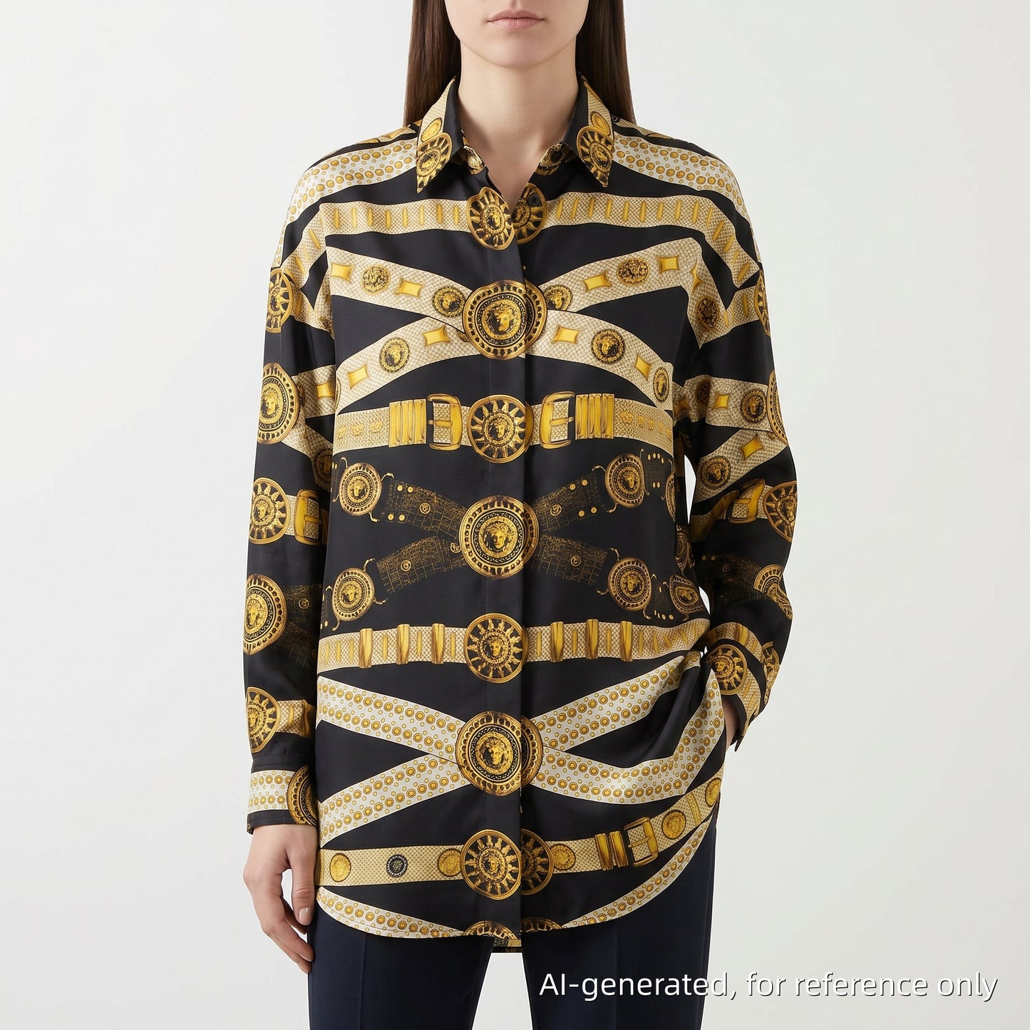 Versus Baroque Gold Belt Print Long Sleeve Shirt Size 40 Black/Gold