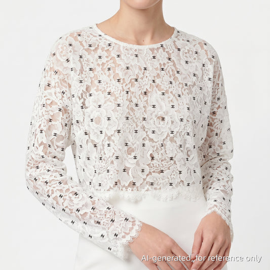 Chanel Lace CC Logo Cropped Long Sleeve Top Size 36 White & Black
