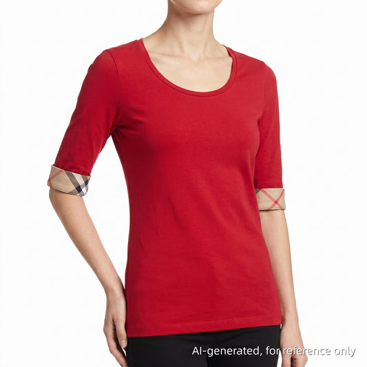 Burberry Classic Check Cuff Red Jersey Half Sleeve Top Size S