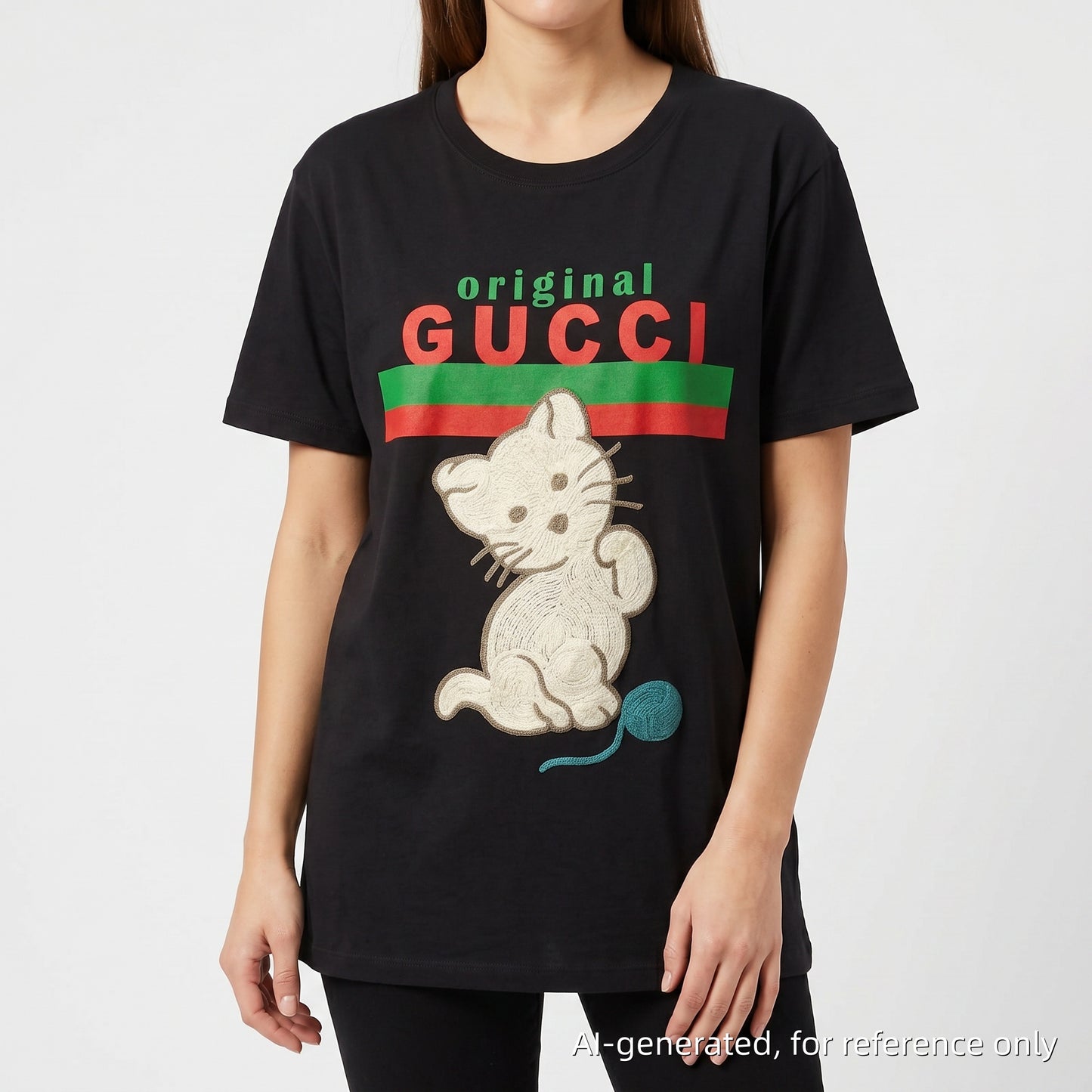 Gucci Web Stripe Kitten Print Short Sleeve Cotton T-Shirt Size S Black