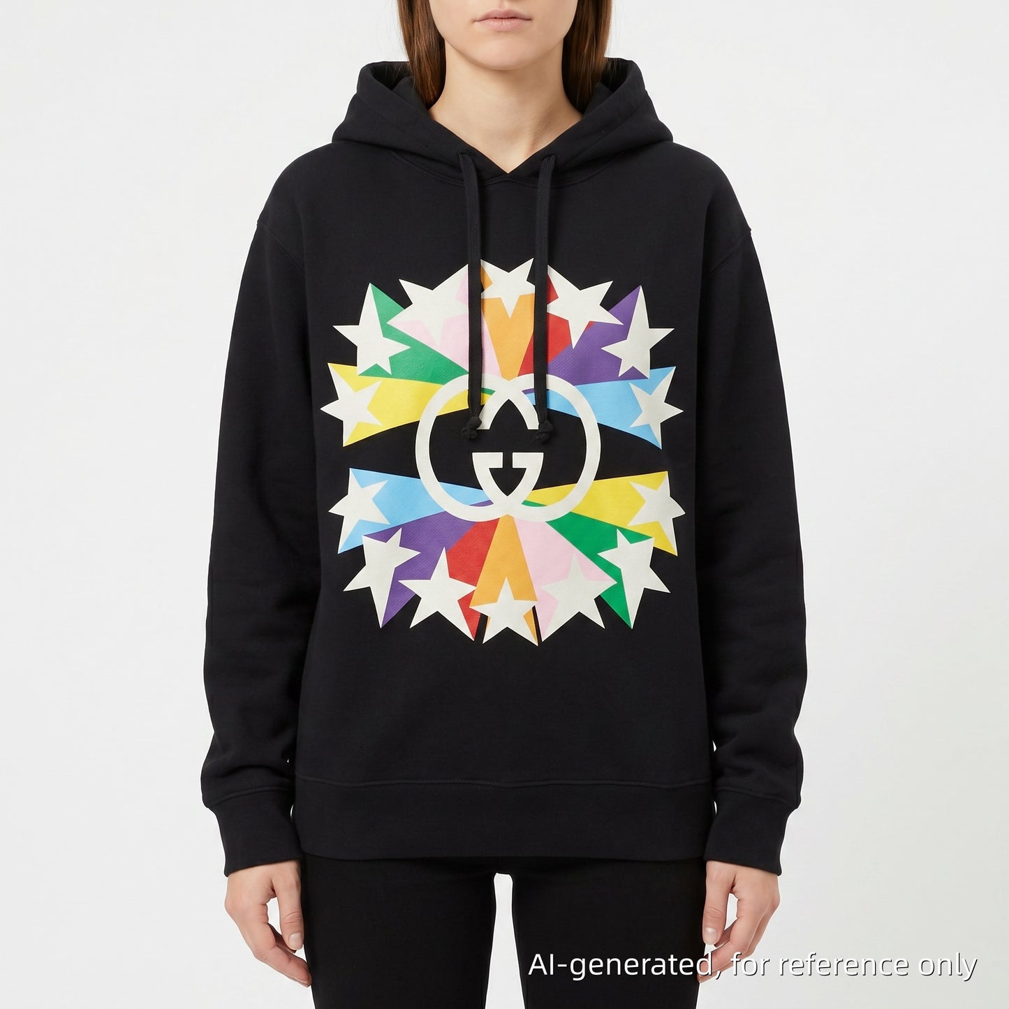 Gucci Interlocking G Rainbow Star Print Hooded Sweatshirt Size S Black