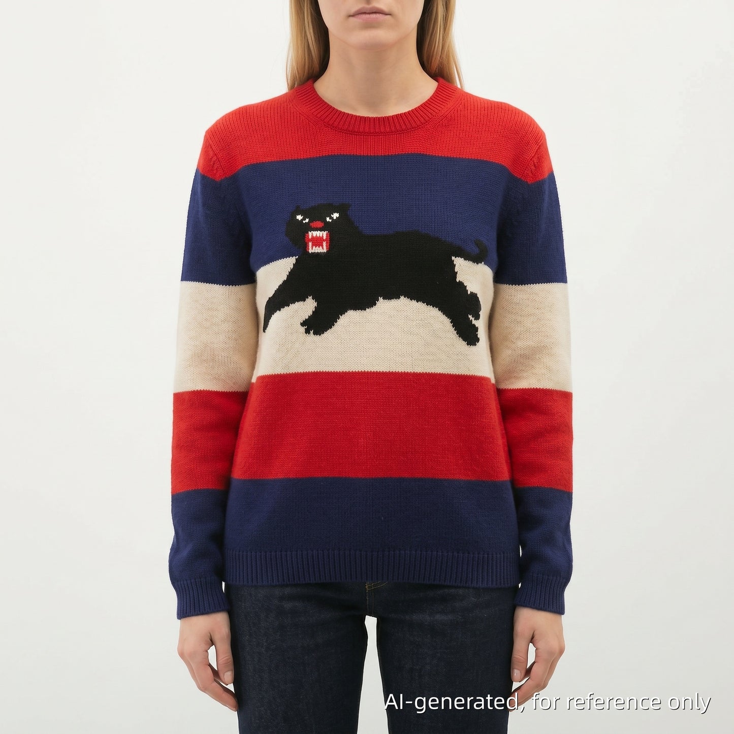 Gucci Red Blue Beige Striped Black Panther Crewneck Knit Sweater Size S