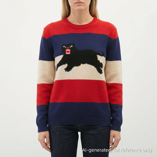 Gucci Red Blue Beige Striped Black Panther Crewneck Knit Sweater Size S