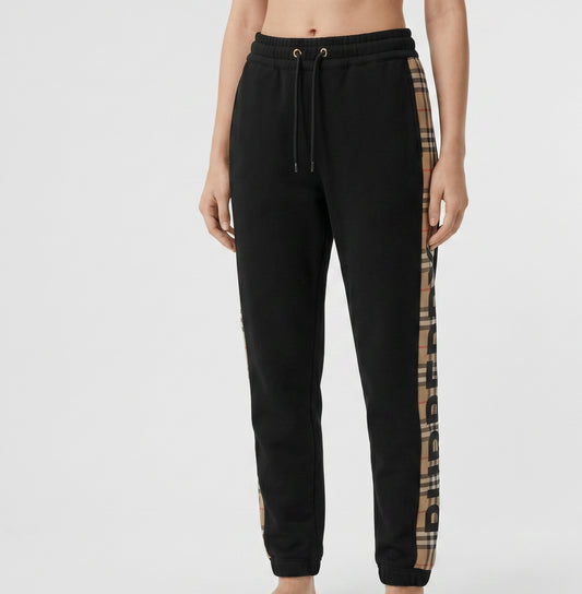 Burberry Vintage Check Side Stripe Black Cotton Jogger Pants Size XXS