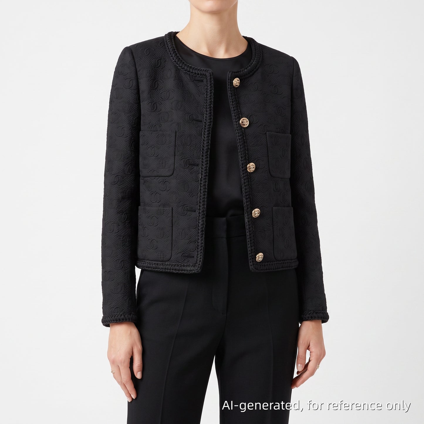Chanel  CC logo jacquard pattern Black Tweed Round Neck Short Jacket Size 34