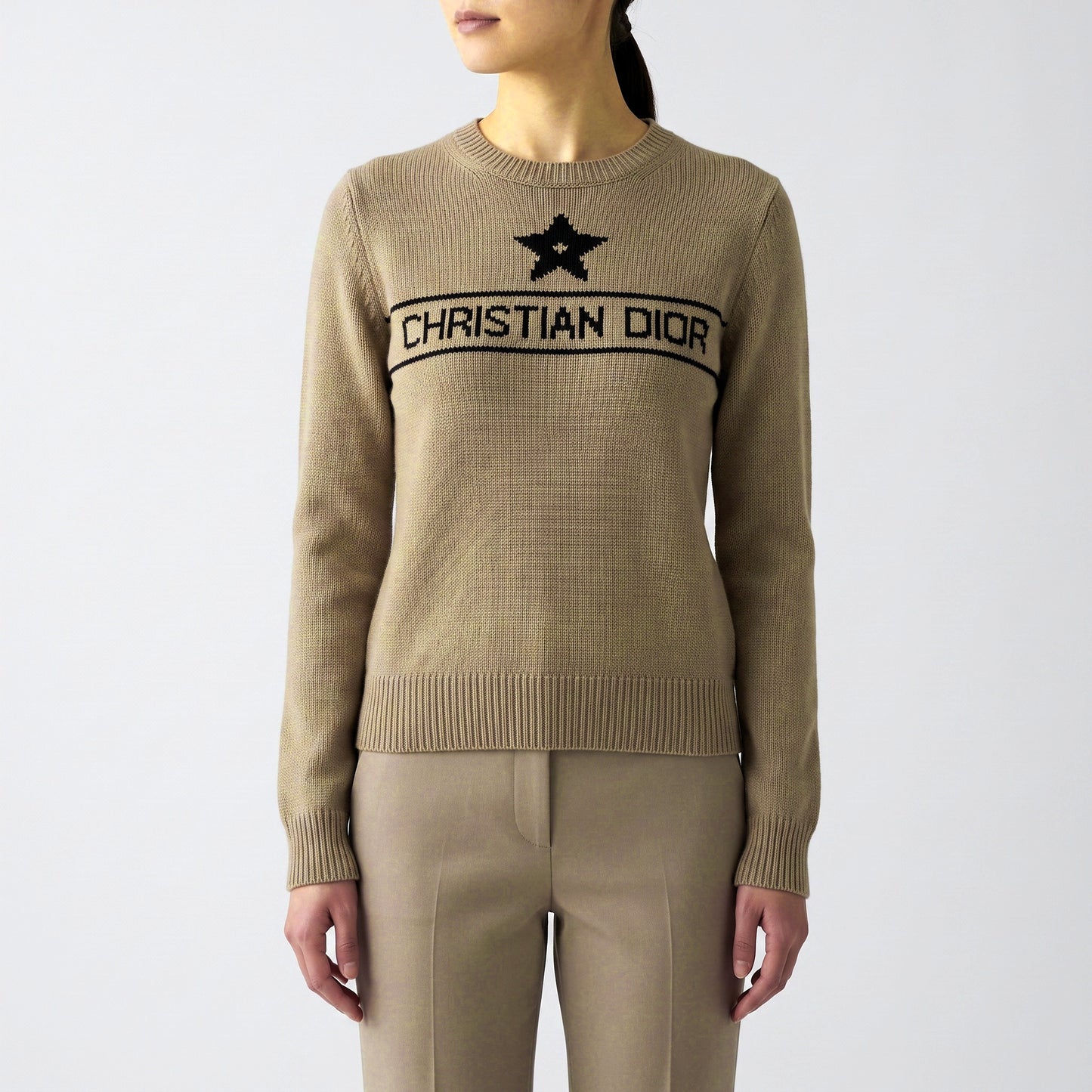 Christian Dior Beige Fine Knit Star Logo Crew Neck Sweater Size USA2