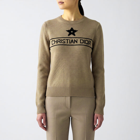 Christian Dior Beige Fine Knit Star Logo Crew Neck Sweater Size USA2