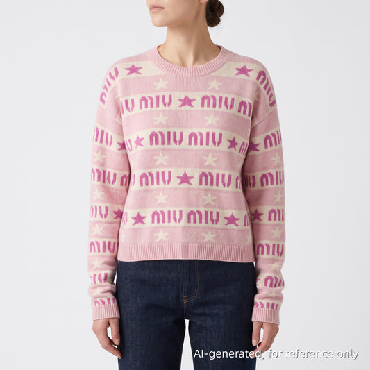 Miu Miu Pink White Star Logo Stripe Knit Sweater Size 36