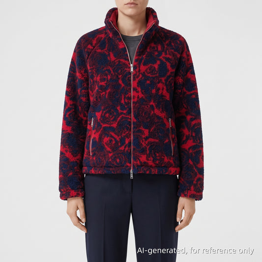 Burberry Navy & Hot Red Floral Fleece Full-Zip Stand Collar Jacket Size 2