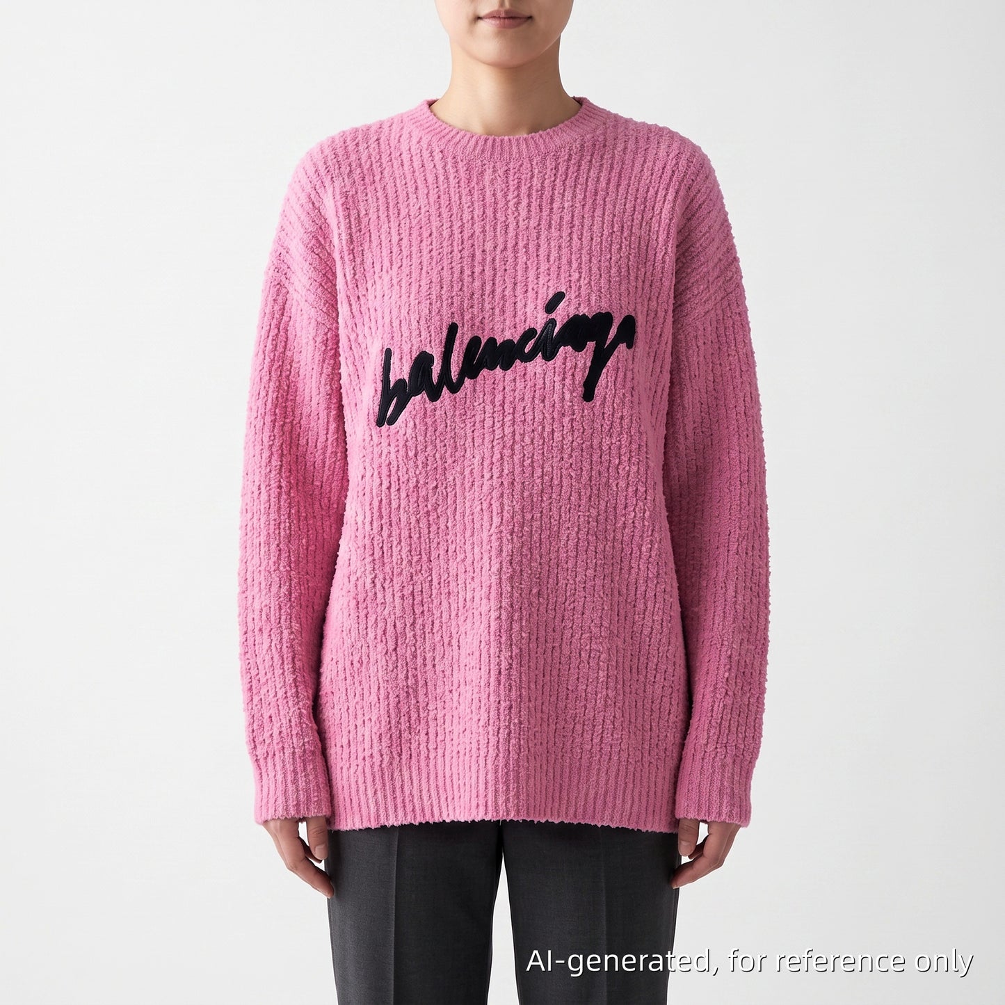 Balenciaga Sage Pink Ribbed Knit Logo Embroidery Oversized Crew Neck Sweater Size S