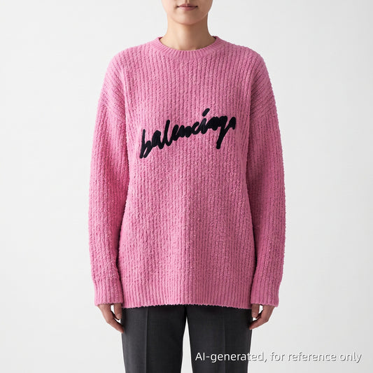 Balenciaga Sage Pink Ribbed Knit Logo Embroidery Oversized Crew Neck Sweater Size S