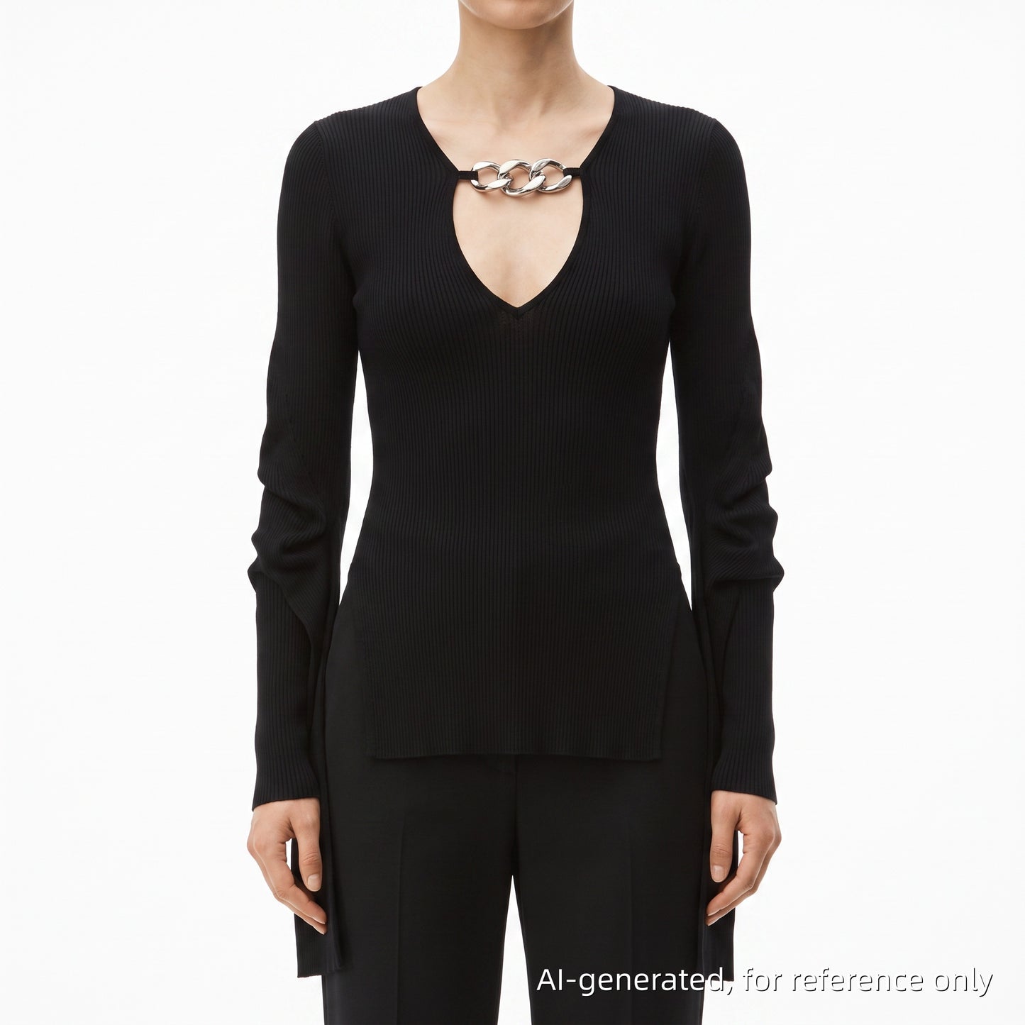 Alexander Wang Black Ribbed Knit Deep V Long Sleeve Top Size M