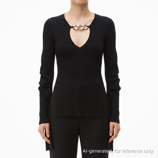 Alexander Wang Black Ribbed Knit Deep V Long Sleeve Top Size M