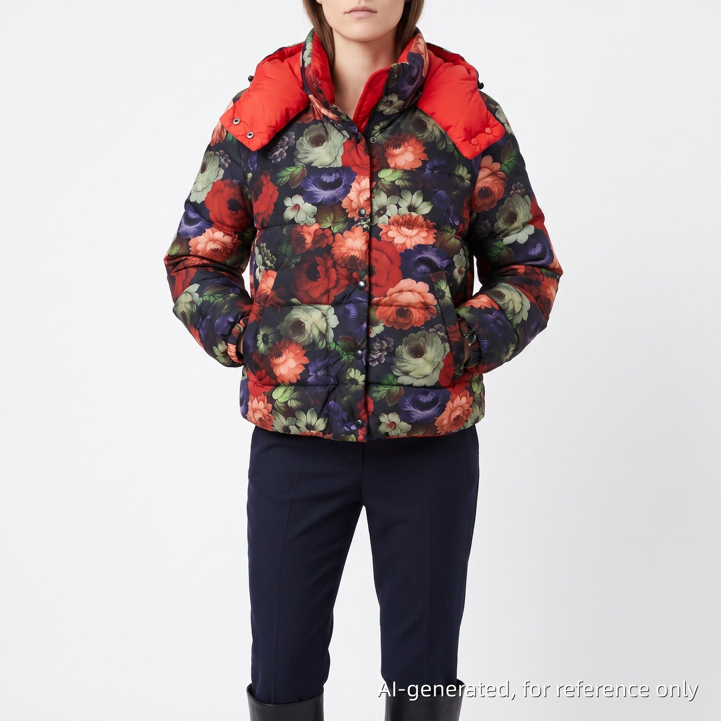 Moncler Floral Print Red Trim Hooded Down Jacket Size 1
