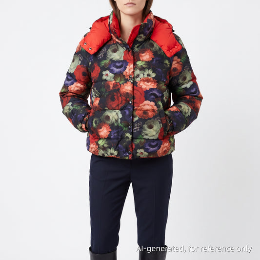 Moncler Floral Print Red Trim Hooded Down Jacket Size 1
