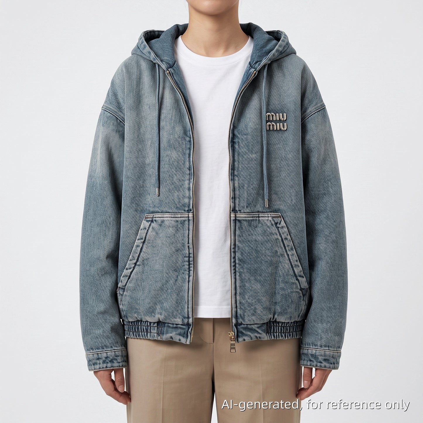 Miu Miu Blue Denim Zip-Up Hooded Jacket Size 40